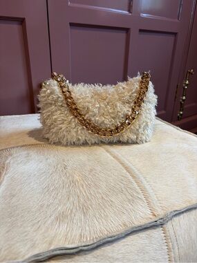 Cream Faux Shearling Micro Bag Gold Chain Mini Purse